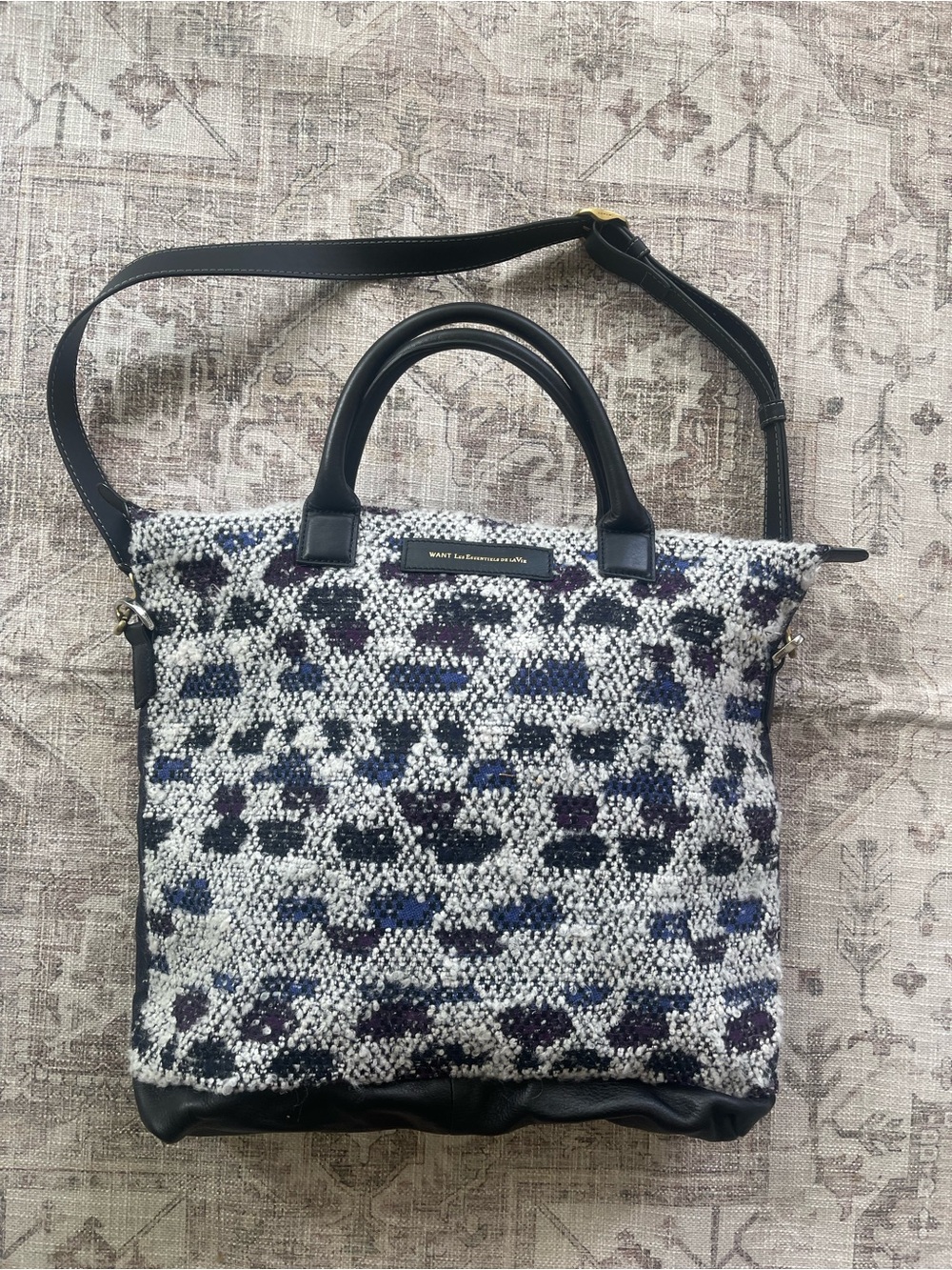 WANT Les Essentiels Tweed Navy, Gray & Black Woven Top-Handle Tote